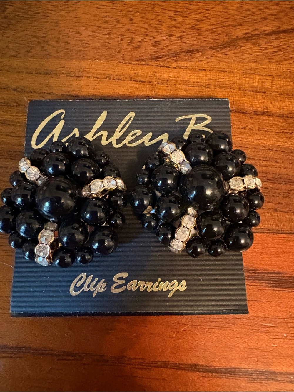 Vintage Black Beaded Clip Earrings with Crystal Strips